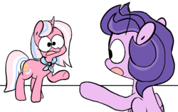 Size: 863x545 | Tagged: safe, artist:pinkiespresent, clear skies, clear sky, pegasus, pony, unicorn, common ground, g4, duo, female, looking at you, mare, open mouth, pointing, spider-man points at spider-man