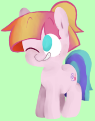 Size: 642x817 | Tagged: safe, artist:pinkiespresent, toola roola, earth pony, pony, cute, female, filly, green background, no pupils, one eye closed, simple background, smiling, solo, wink