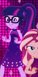 Size: 525x1060 | Tagged: safe, screencap, sci-twi, sunset shimmer, twilight sparkle, equestria girls, equestria girls series, g4, i'm on a yacht, spoiler:eqg series (season 2), clothes, cropped, geode of telekinesis, glasses, legs, magical geodes, neon eg logo, offscreen character, ponytail, sleeveless, smiling