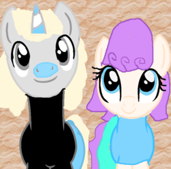 Size: 730x720 | Tagged: safe, artist:katierose45, artist:ukulelemoon, earth pony, pony, unicorn, 1000 hours in ms paint, barely pony related, base used, cala maria, clothes, crossover, cuphead, looking up, mugman, ponified, shirt, shorts, studio mdhr