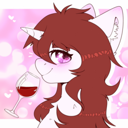 Size: 2000x2000 | Tagged: safe, artist:etoz, oc, oc only, pony, unicorn, alcohol, blushing, cute, drunk, female, glass, high res, looking at you, mare, request, requested art, smiling, solo, wine, wine glass