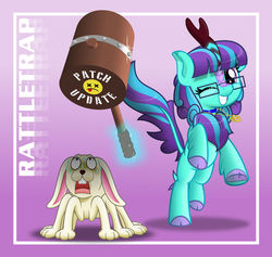 Size: 600x569 | Tagged: safe, artist:jhayarr23, oc, oc:rattletrap, kirin, rabbit, legends of equestria, ah my goddess, animal, cute, d:, debugging, frown, game, glasses, gradient background, hammer, hyper hammer, kirinsona, levitation, looking at you, magic, mallet, oh my goddess, one eye closed, open mouth, ponysona, problem solved, raised hoof, rearing, scared, squee, sweat, system bug, telekinesis, text, underhoof, vector, wide eyes, wink