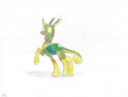 Size: 826x629 | Tagged: safe, oc, oc:chameleon breeze, changedling, changeling, adorkable, cute, cuteling, dork, male, markings, prehensile tail, raised hoof, shadow, smiling, teenager, traditional art