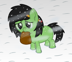 Size: 2443x2122 | Tagged: safe, artist:craftycirclepony, oc, oc only, oc:filly anon, pony, crying, ear fluff, female, filly, frown, high res, looking down, lunch bag, mouth hold, outdoors, paper bag, pencil, sad, snow, solo, standing, wind