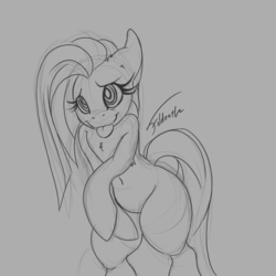 Size: 1280x1280 | Tagged: safe, artist:foldeath, pinkie pie, earth pony, semi-anthro, g4, :p, arm hooves, belly button, cute, cuteamena, female, grayscale, mare, mlem, monochrome, pinkamena diane pie, silly, simple background, solo, tongue out