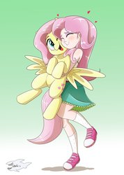 Size: 2922x4095 | Tagged: safe, artist:jeglegator, fluttershy, human, pegasus, pony, equestria girls, g4, blushing, cheek squish, clothes, converse, cuddling, cute, eyes closed, female, floating heart, gradient background, heart, holding a pony, hug, human coloration, human on pony snuggling, human ponidox, mare, multiple variants, one eye closed, open mouth, self paradox, self ponidox, shoes, shyabetes, simple background, skirt, smiling, sneakers, snuggling, socks, squishy cheeks