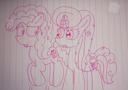 Size: 3866x2723 | Tagged: safe, artist:徐詩珮, oc, oc:betty pop, oc:cake pie, earth pony, pony, unicorn, g4, my little pony: the movie, angry, duo, duo female, female, high res, lineart, lined paper, magical lesbian spawn, mare, next generation, offspring, parent:cheese sandwich, parent:glitter drops, parent:pinkie pie, parent:tempest shadow, parents:cheesepie, parents:glittershadow, traditional art