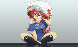 Size: 1920x1171 | Tagged: safe, artist:ncmares, edit, editor:rd42, sunset shimmer, equestria girls, g4, bra strap, clothes, cute, female, panties, pillow, serious, serious face, shimmerbetes, shirt, sitting, socks, solo, t-shirt, torn clothes, underwear, white underwear