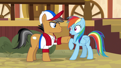 Size: 1920x1080 | Tagged: safe, screencap, quibble pants, rainbow dash, earth pony, pegasus, pony, common ground, g4, appleloosa, baseball cap, book, cap, clothes, duo, female, hat, kissy face, male, mare, out of context, raised hoof, scarf, shirt, stallion
