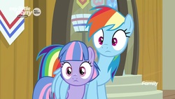 Size: 1280x720 | Tagged: safe, screencap, rainbow dash, wind sprint, pegasus, pony, common ground, g4, auntie dashie, duo, female, filly, foal, mare, wide eyes