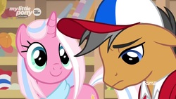 Size: 1280x720 | Tagged: safe, screencap, clear sky, quibble pants, earth pony, pony, unicorn, common ground, g4, baseball cap, cap, duo, female, floppy ears, hat, male, mare, stallion