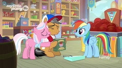 Size: 1280x720 | Tagged: safe, screencap, clear sky, quibble pants, rainbow dash, earth pony, pegasus, pony, unicorn, common ground, g4, baseball cap, book, cap, clothes, female, floppy ears, hat, male, mare, nuzzling, scarf, shirt, stallion, trio