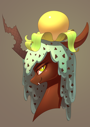 Size: 2480x3508 | Tagged: safe, artist:underpable, oc, oc only, oc:physalis, changeling, changeling queen, brown background, bust, changelingified, chocolate, chocolate changeling, female, food, food changeling, high res, ice cream, ice cream changeling, looking at you, mare, mint chocolate chip, not chrysalis, physalis, simple background, slit pupils, smiling, smiling at you, solo, species swap, waffle, wafflecorn