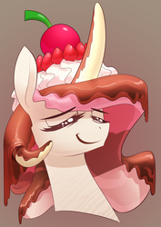 Size: 2480x3508 | Tagged: safe, artist:underpable, princess celestia, candy pony, food pony, ice cream pony, original species, pony, g4, banana, candy, cherry, chocolate, chocolate-covered banana, eyes closed, female, food, high res, ice cream, ponified, smiling, strawberry, sundae, whipped cream
