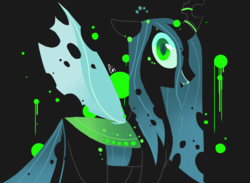 Size: 2217x1625 | Tagged: safe, artist:pinweena30, queen chrysalis, changeling, changeling queen, g4, badass, black background, changelings in the comments, creepy, crown, dark, evil, evil smile, female, green eyes, grin, jewelry, looking at you, regalia, simple background, smiling, solo