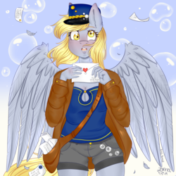 Size: 4500x4500 | Tagged: safe, artist:mojmojsanna, derpy hooves, anthro, g4, blushing, breasts, bubble, cleavage, clothes, feather, female, hat, jacket, letter, love letter, mailmare, redraw, shorts, solo, spread wings, watermark, wings