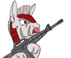 Size: 1449x1174 | Tagged: safe, artist:umgaris, pony, zebra, colored, delet this, helmet, male, rage, solo, weapon