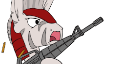 Size: 750x400 | Tagged: safe, artist:umgaris, pony, zebra, animated, assault rifle, colored, delet this, gif, gun, helmet, m16, male, rage, ratatata, rifle, solo, weapon