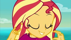 Size: 2048x1148 | Tagged: safe, sunset shimmer, equestria girls, equestria girls series, g4, i'm on a yacht, spoiler:eqg series (season 2), close-up, cute, eyes closed, female, shimmerbetes, smiling, solo