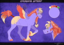 Size: 1260x880 | Tagged: safe, artist:bijutsuyoukai, oc, oc only, oc:cruising speed, pegasus, pony, appaloosa, colored wings, magical lesbian spawn, male, multicolored wings, offspring, parent:applejack, parent:rainbow dash, parents:appledash, reference sheet, small head, solo, stallion, unshorn fetlocks, wings