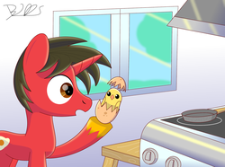 Size: 2000x1489 | Tagged: safe, artist:trackheadtherobopony, oc, oc:fried egg, pony, chick, cute, egg, hatching, smiling, stove, surprised, window