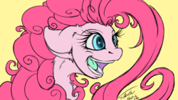 Size: 1280x720 | Tagged: safe, artist:foldeath, pinkie pie, earth pony, pony, g4, bust, female, floppy ears, mare, open mouth, simple background, solo, yellow background