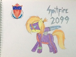 Size: 3264x2448 | Tagged: safe, artist:don2602, spitfire, pony, g4, alternate hairstyle, clothes, female, futuristic self, goggles, high res, jetpack, jumpsuit, newbie artist training grounds, ponytail, serious, serious face, solo, torn ear, traditional art, watch