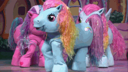Size: 800x450 | Tagged: dead source, safe, screencap, rainbow dash (g3), sweetberry, thistle whistle, earth pony, pegasus, pony, g3, my little pony live: the world's biggest tea party, animated, butt shake, cute, dancing, female, g3 dashabetes, gif, good morning ponyville, heart, hoof heart, irl, mare, photo, quadsuit, stage, strut, sweet sweetberry, thistlebetes, trio, youtube link