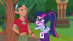 Size: 1920x1080 | Tagged: safe, screencap, sci-twi, timber spruce, twilight sparkle, equestria girls, g4, my little pony equestria girls: legend of everfree, camp everfree logo, camp everfree outfits, clothes, female, glasses, male, ponytail, shorts, smiling