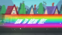 Size: 1920x1080 | Tagged: safe, screencap, equestria girls, g4, my little pony equestria girls: better together, run to break free, implied rainbow dash, music video, no pony, rainbow trail, title card