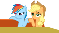 Size: 1136x640 | Tagged: safe, artist:nightshadowmlp, applejack, rainbow dash, pony, g4, the saddle row review, applejack's hat, chair, clip art, cowboy hat, duo, hat, hoofbump, simple background, stetson, table, transparent background