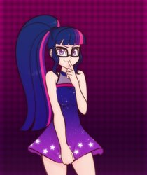 Size: 1177x1400 | Tagged: safe, artist:scorpdk, sci-twi, twilight sparkle, human, equestria girls, i'm on a yacht, spoiler:eqg series (season 2), adorasexy, arm boob squeeze, clothes, cute, dress, female, glasses, human coloration, looking at you, minidress, mischievous, sexy, sexy egghead, skirt, skirt pull, smiling, smiling at you, solo, upskirt denied