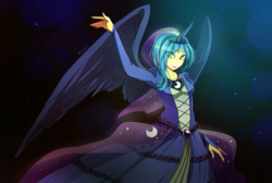 Size: 1400x943 | Tagged: safe, artist:skyeypony, princess luna, human, g4, clothes, dress, female, horn, horned humanization, humanized, smiling, solo, winged humanization, wings