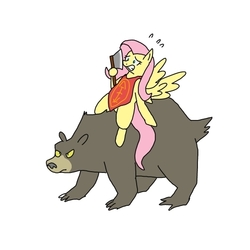 Size: 600x600 | Tagged: safe, artist:kushina13, fluttershy, harry, bear, pegasus, pony, g4, axe, female, mare, ponies riding bears, riding, riding a bear, simple background, weapon, white background