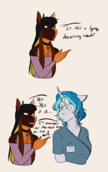 Size: 1520x2406 | Tagged: safe, artist:blackblood-queen, oc, oc only, oc:bubble lee, oc:daniel dasher, dracony, hybrid, unicorn, anthro, anthro oc, clothes, comic, dialogue, female, lichtenberg figure, lichtenberg scar, male, mare, nurse, off shoulder, scar, simple background, stallion