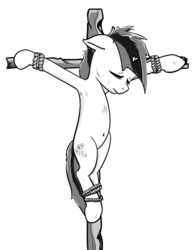 Size: 477x616 | Tagged: safe, artist:umgaris, oc, oc only, oc:blackjack, pony, unicorn, fallout equestria, fallout equestria: project horizons, armpits, crucifixion, fanfic, fanfic art, female, funny, hooves, horn, jesus christ, lineart, religion, requests, solo