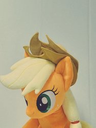 Size: 768x1024 | Tagged: safe, artist:nekokevin, applejack, earth pony, pony, g4, applejack's hat, cowboy hat, female, freckles, hat, irl, mare, photo, plushie, simple background, smiling, solo, white background