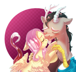 Size: 2616x2469 | Tagged: safe, artist:rizzych, discord, fluttershy, draconequus, pegasus, pony, g4, boop, cute, discute, eyes closed, female, high res, male, mare, noseboop, ship:discoshy, shipping, simple background, straight, transparent background