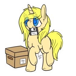 Size: 2000x2000 | Tagged: safe, alternate version, artist:squeaky-belle, oc, oc only, oc:annabelle (zizzydizzymc), pony, unicorn, blank flank, box, colored, colored pupils, cute, digital art, eye clipping through hair, flat colors, floppy disk, high res, mouth hold, ocbetes, signature, simple background, solo, transparent background, white outline