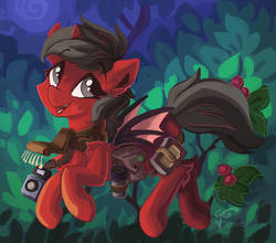 Size: 954x838 | Tagged: safe, artist:saxopi, oc, oc only, bat pony, pony, bat pony oc, camera, red and black oc, saddle bag, solo