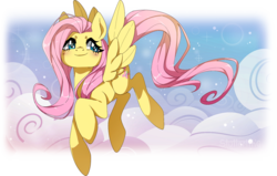 Size: 1000x635 | Tagged: safe, artist:stutterling, fluttershy, pony, g4, cloud, female, flying, solo