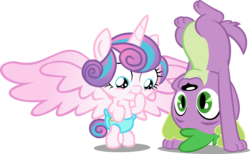 Size: 4572x2810 | Tagged: safe, artist:red4567, edit, editor:slayerbvc, vector edit, princess flurry heart, spike, spike the regular dog, alicorn, dog, pony, equestria girls, g4, baby, baby pony, bipedal, cute, diaper, female, filly, flurrybetes, handstand, looking down, male, missing accessory, pawstand, simple background, spread wings, square crossover, transparent background, upside down, vector, wings, yoga