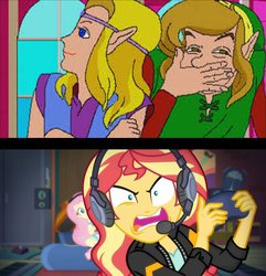 Size: 1920x1995 | Tagged: safe, edit, edited screencap, screencap, fluttershy, sunset shimmer, equestria girls, equestria girls series, g4, game stream, spoiler:eqg series (season 2), angry, cd-i, controller, gamer sunset, headphones, headset, link, link: the faces of evil, meme, princess zelda, rageset shimmer, sunset shimmer frustrated at game, the legend of zelda, video game