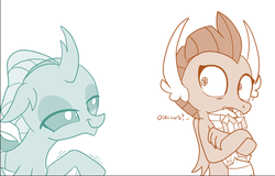 Size: 744x477 | Tagged: safe, artist:sintakhra, ocellus, smolder, tumblr:studentsix, g4, bedroom eyes, cropped, female, gem, implied shipping, implied smolcellus, interspecies, lesbian, out of context, ship:smolcellus, shocked