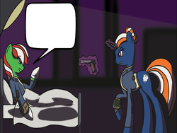 Size: 1440x1080 | Tagged: safe, artist:saxguy_umizee, oc, oc:shadow window, oc:wandering sunrise, earth pony, pony, unicorn, fallout equestria, fallout equestria: dead tree, bed, bubble, clothes, colt 45, comic, daughter, fallout, fanfic, fanfic art, female, glowing horn, gun, gunpoint, handgun, hooves, horn, hospital, jumpsuit, levitation, m1911, magic, mare, meme, meme template, mother, mother and daughter, pillow, pipbuck, pipbuck 3000, pistol, telekinesis, thought bubble, threatening, vault suit, wandering sunrise, weapon