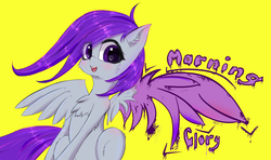 Size: 1400x827 | Tagged: safe, artist:mistleinn, oc, oc only, oc:morning glory (project horizons), pegasus, pony, fallout equestria, fallout equestria: project horizons, amputee, blushing, chest fluff, ear fluff, eye clipping through hair, eyebrows, eyebrows visible through hair, fanfic art, graffiti, leg fluff, missing wing, muzzle fluff, one winged pegasus, simple background, solo, spread wings, stump, wings
