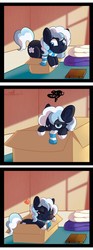 Size: 700x1890 | Tagged: safe, artist:zobaloba, oc, oc only, oc:moon flower, earth pony, pony, :c, :t, annoyed, behaving like a cat, blanket, blush sticker, blushing, book, box, chibi, clothes, colored pupils, colt, commission, cute, ear fluff, frown, glare, heart, hoof fluff, if i fits i sits, lidded eyes, looking back, male, ocbetes, pony in a box, scarf, solo, stallion, unamused, unshorn fetlocks, wide eyes
