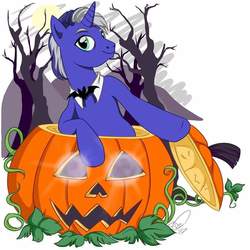 Size: 960x960 | Tagged: artist needed, source needed, safe, oc, oc only, oc:star luck, pony, bowtie, halloween, holiday, jack-o-lantern, pumpkin, solo