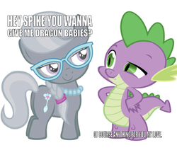 Size: 664x563 | Tagged: safe, editor:undeadponysoldier, silver spoon, spike, dragon, earth pony, pony, g4, bedroom eyes, butt, caption, crack shipping, duo, female, filly, flirting, glasses, horny, impact font, implied foalcon, implied sex, jewelry, looking at each other, looking at someone, male, necklace, pearl necklace, plot, propositioning, ship:silverspike, shipping, simple background, smiling, smiling at each other, straight, white background, wrong aspect ratio