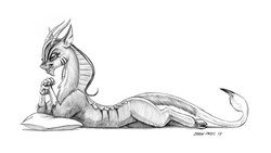 Size: 1600x900 | Tagged: safe, artist:baron engel, cosmos, draconequus, g4, clasped hands, evil smile, female, grayscale, grin, monochrome, patreon, patreon reward, pencil drawing, pillow, prone, simple background, smiling, solo, traditional art, white background
